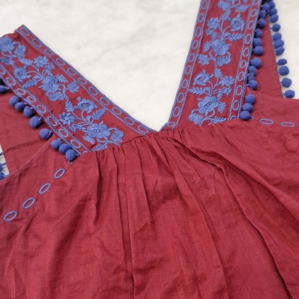 J.Crew Sleeveless Top Women 00 XS/S Burgundy Embroidered Pom Pom Boho Tank C8358